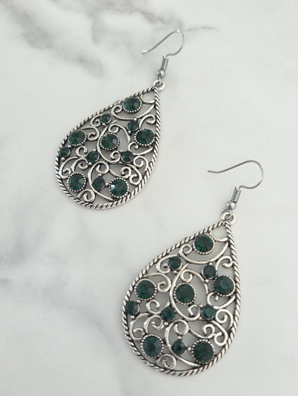 Paparazzi Silver Filigree Teardrop Earrings with Emerald Rhinestones - Picture 6 of 12